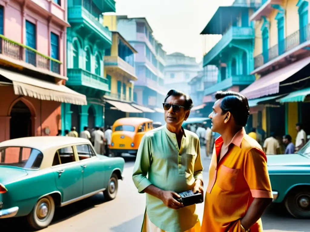 El legendario cineasta Satyajit Ray dirige una escena en las vibrantes calles de Kolkata, capturando la estética visual del cine indio tradicional