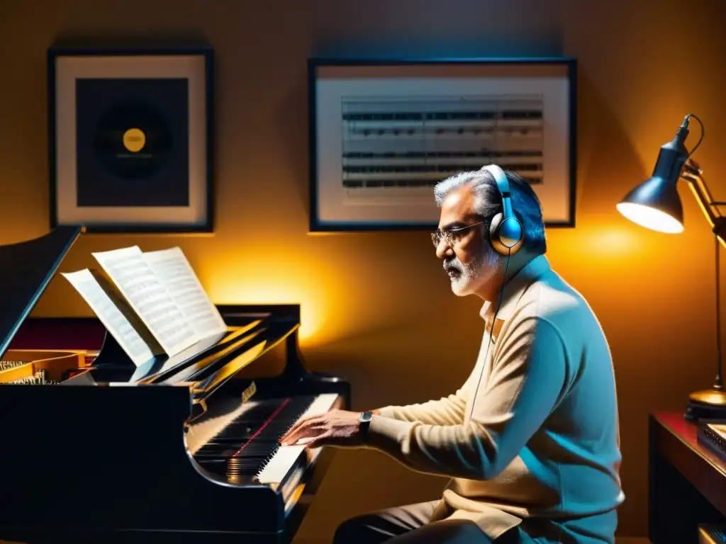 Compositor legendario en estudio de música El legendario compositor de Bollywood crea una melodía atemporal en su estudio