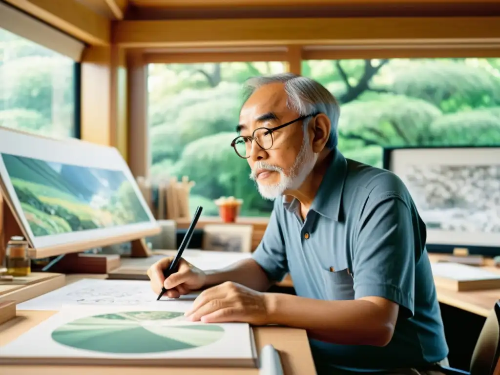 El legendario Hayao Miyazaki en su estudio, rodeado de bocetos y cels, inmerso en su legado en animación