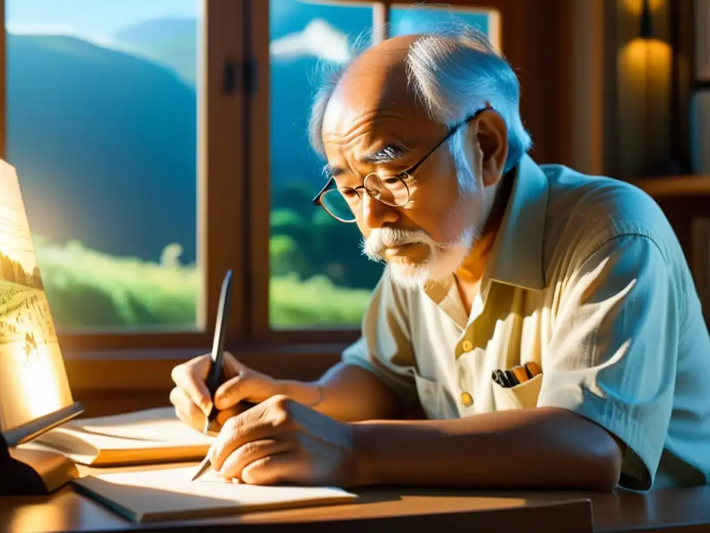 El legendario Hayao Miyazaki sumergido en su arte, iluminado por la cálida luz del sol en su estudio, reflejando los orígenes del arte animado japonés