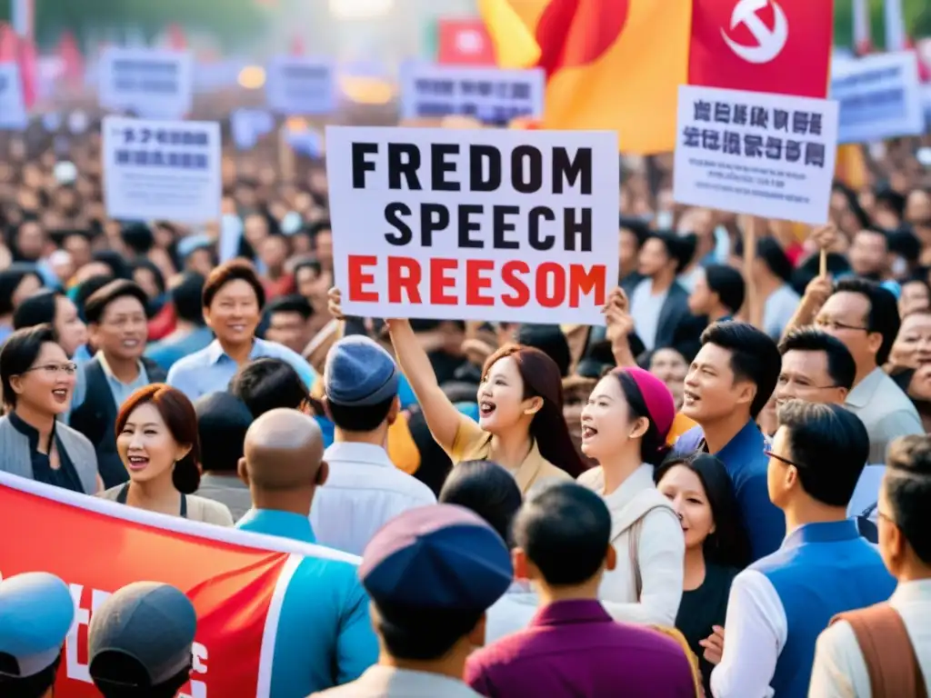 Manifestación por la libertad de expresión en una bulliciosa plaza asiática