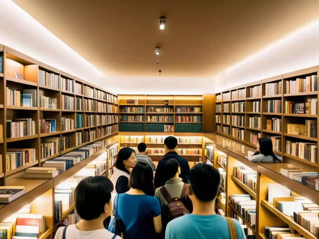 Librería abarrotada en Beijing con clientes leyendo El problema de los tres cuerpos de Liu Cixin, transmitiendo su trascendencia literaria en China