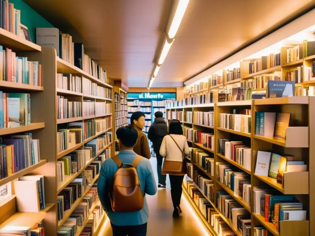 Librería multicultural: El Nombre del Viento en Asia Librería abarrotada en una ciudad asiática con 'El Nombre del Viento' en diversos idiomas