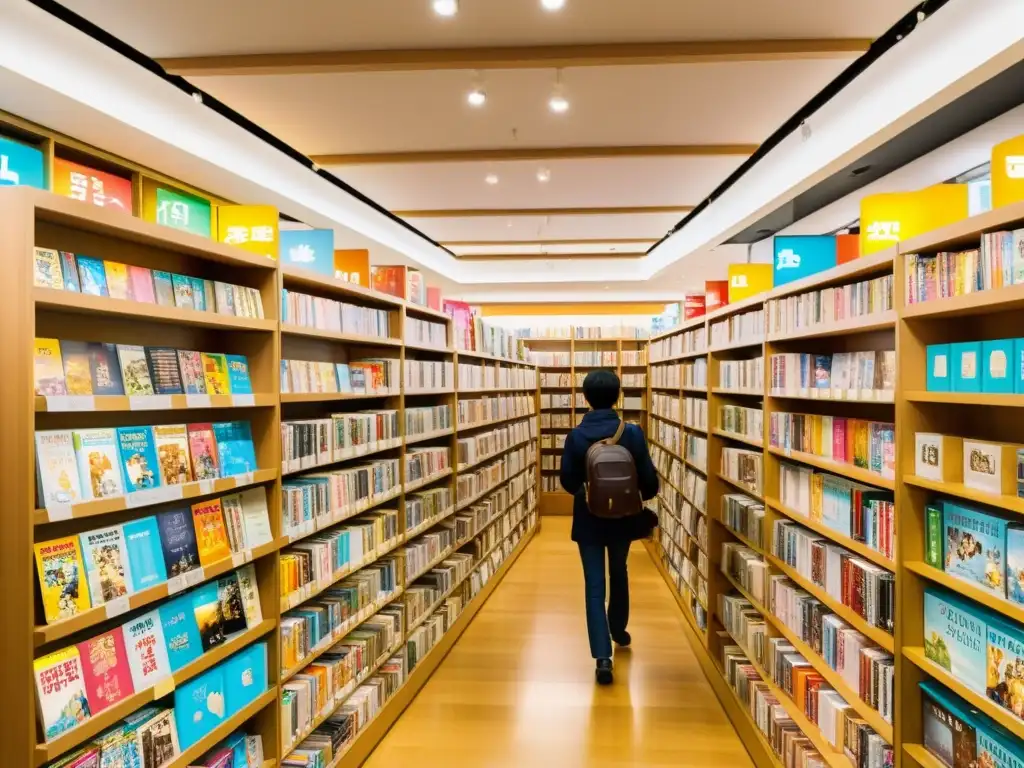 Una librería de manga bulliciosa en Tokio, con estantes llenos de volúmenes coloridos y clientes explorando la amplia selección