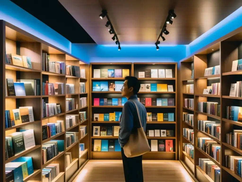 Librería tenue con libros de Murakami en estantes de madera