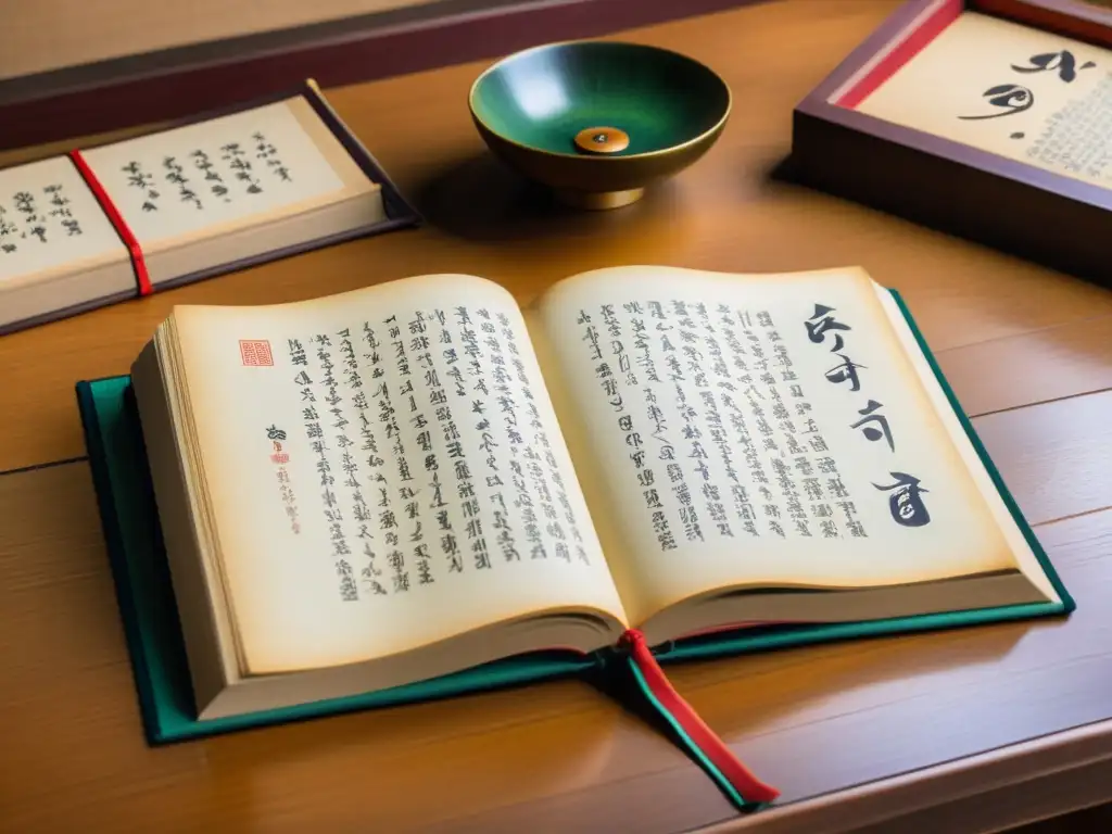 Libro de poesía clásica coreana Goryeo en mesa de madera con ilustraciones y caligrafía delicada, rodeado de útiles tradicionales de escritura coreana