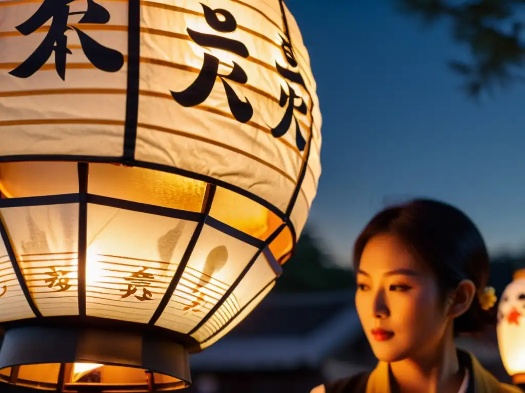 Una linterna japonesa iluminada por las llamas de un festival, resaltando el significado del fuego en festivales japoneses