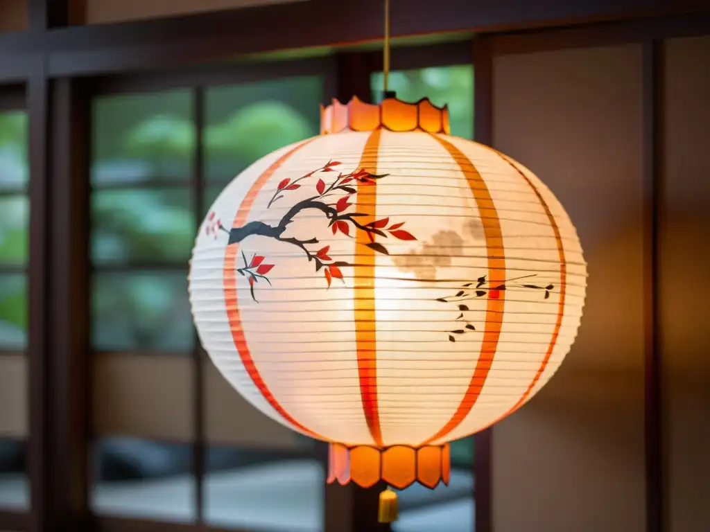 Una linterna japonesa de diseño oriental ilumina suavemente una habitación tradicional con tatamis