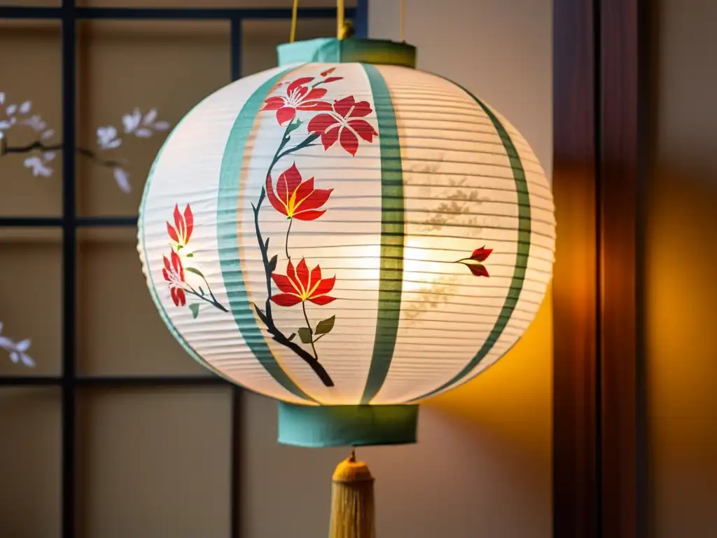 Una linterna japonesa tradicional iluminada por LED, proyectando sombras y patrones en una pantalla shoji