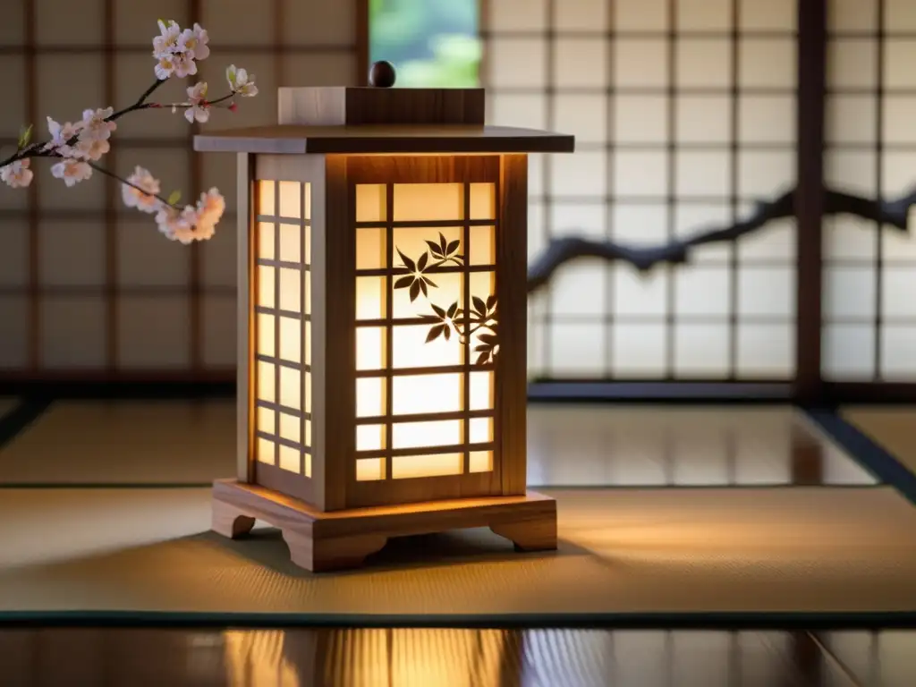 Una linternas LED con diseño oriental y delicados detalles, iluminando un tatami japonés rodeado de bonsáis y un juego de té