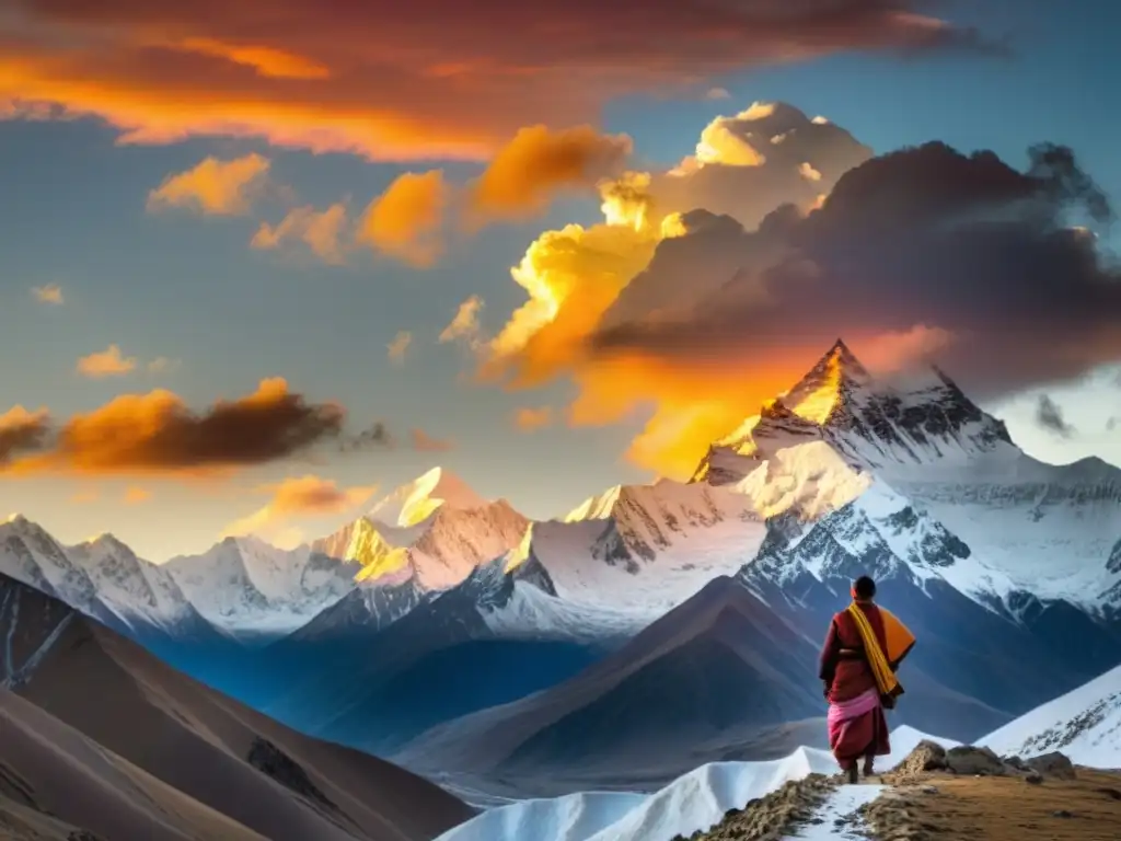 Poesía tibetana llamado interior: Atardecer sobre el Himalaya, figura contemplativa y banderas de oración en un paisaje sereno