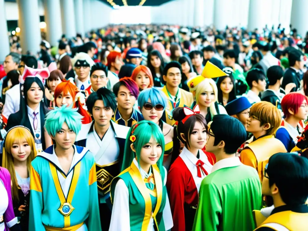 Convención llena de cosplay colorido e influencia cultura otaku en moda, reflejando diversidad y creatividad