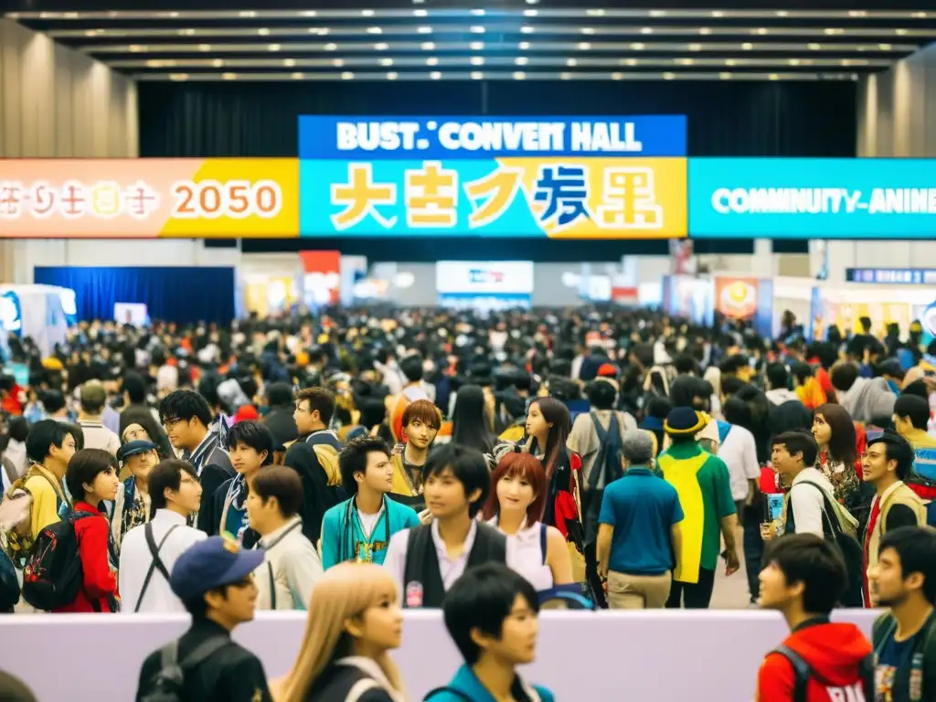 Convención llena de fans de anime en vibrante interacción, resaltando el impacto social del anime