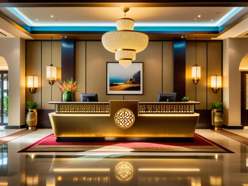 Un lobby de hotel de lujo en Dubái con decoración asiática, chandeliers opulentos y detalles arquitectónicos detallados