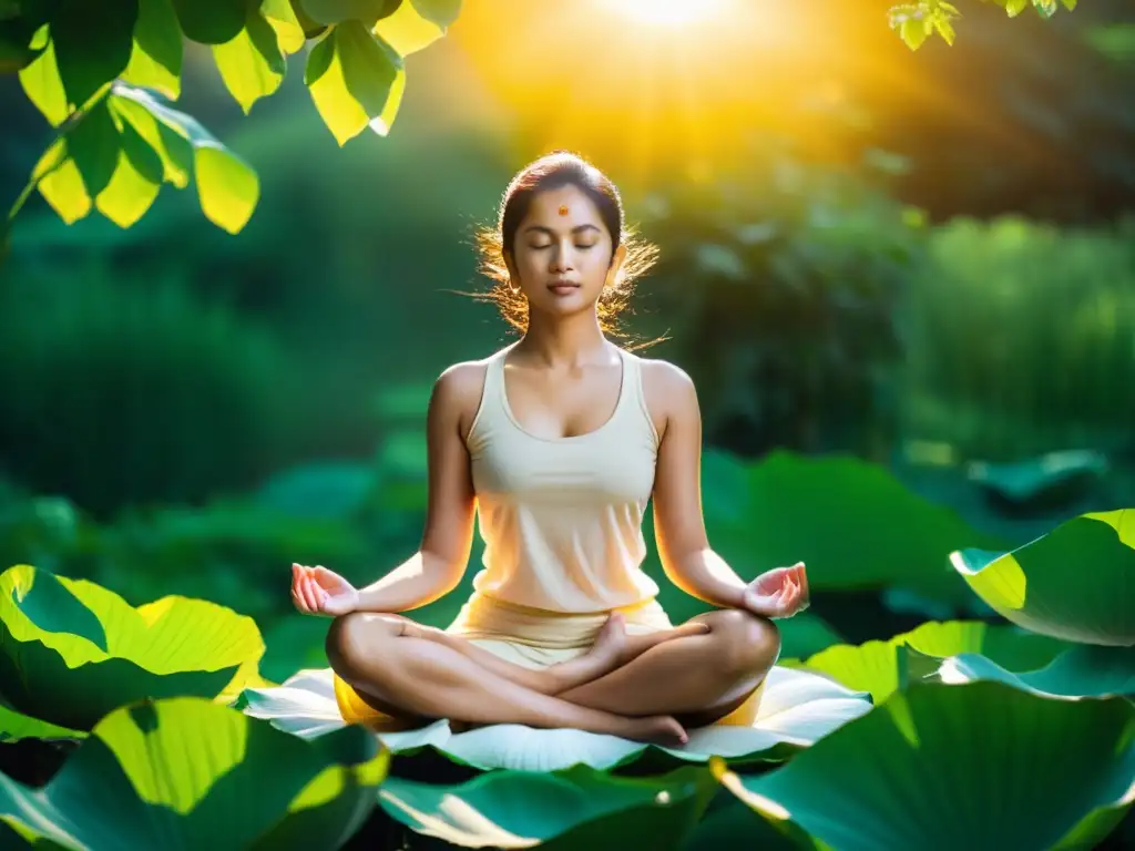 Figura en loto meditando en la naturaleza, bañada en luz dorada