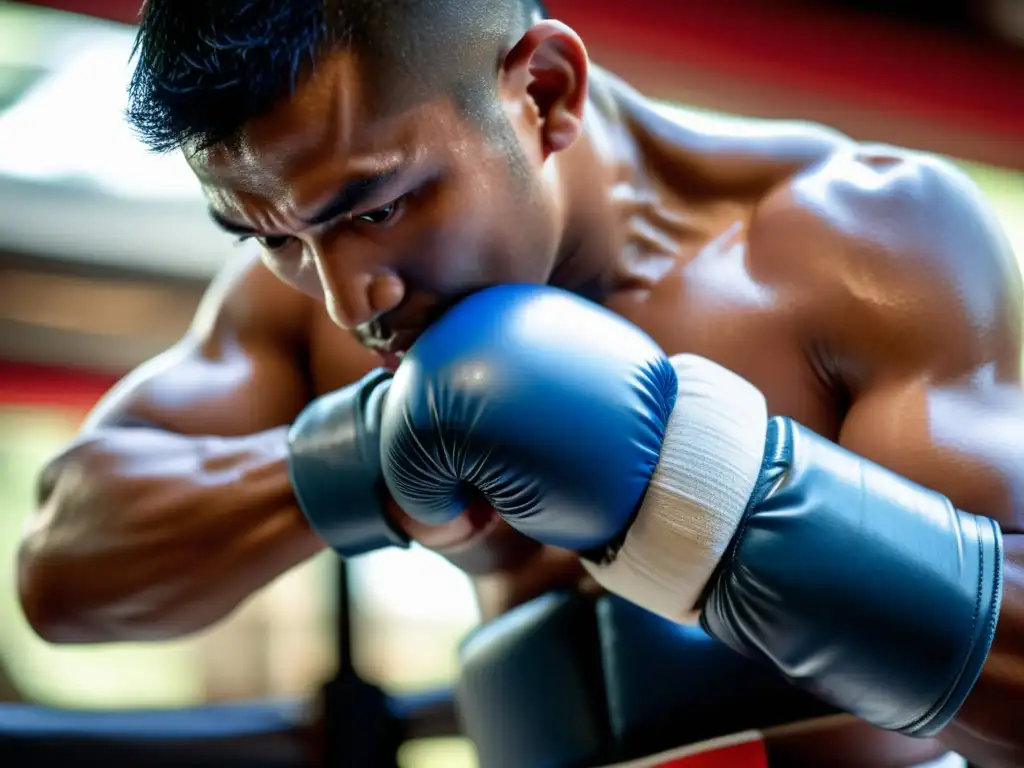 Un luchador de Muay Thai se prepara para el entrenamiento, mostrando determinación y precisión en el arte del vendaje de manos