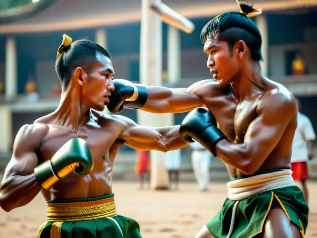 Dos luchadores de Bokator, arte marcial de Camboya, en un intenso intercambio, destacando la precisión y fluidez de este antiguo arte