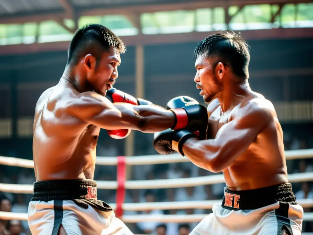 Dos luchadores de Lethwei Myanmar libran una intensa batalla en un ring al aire libre, con expresiones llenas de determinación