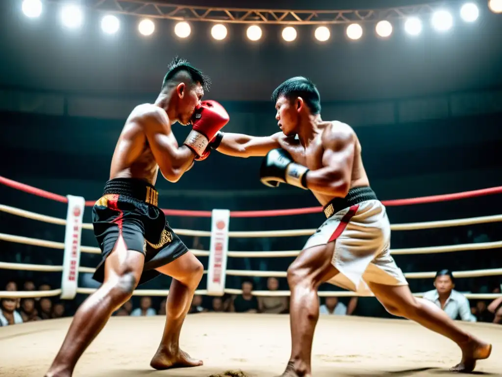 Dos luchadores de Lethwei en un intenso combate, mostrando la fuerza y tradición del Arte marcial tradicional Lethwei Myanmar