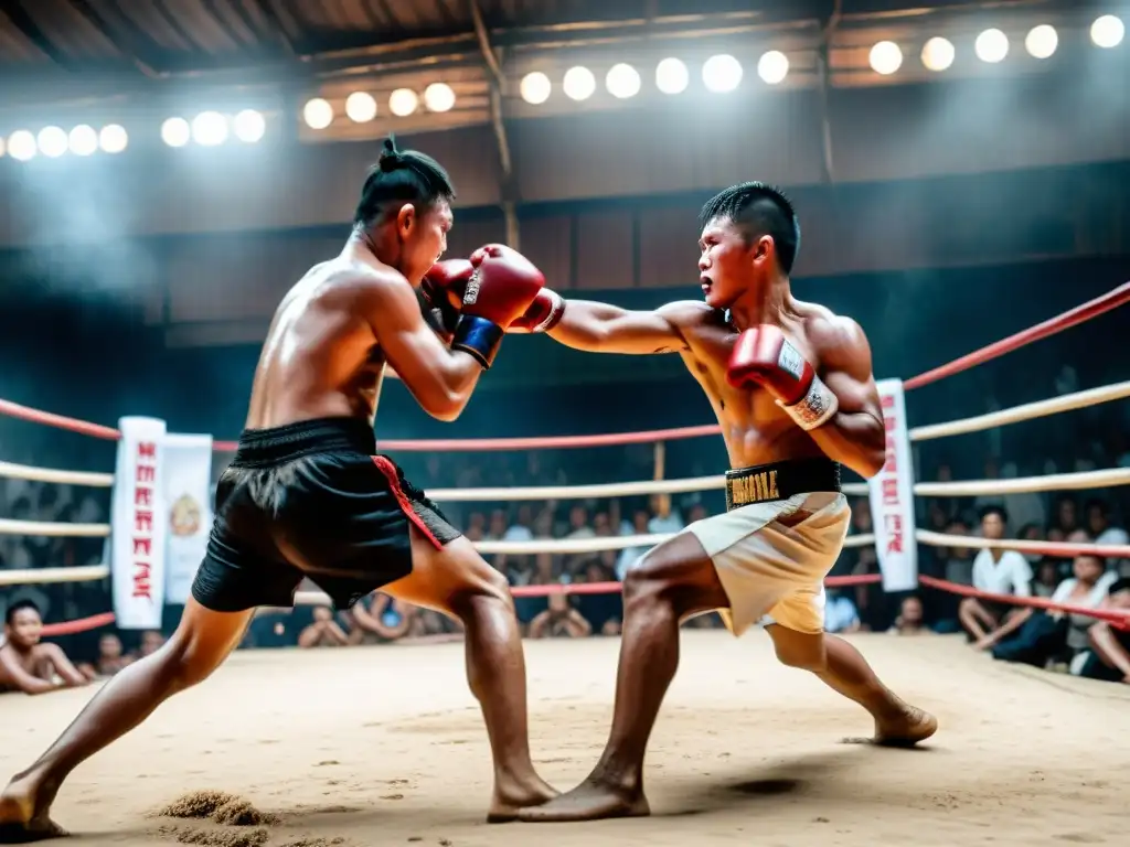 Dos luchadores de Lethwei intercambian golpes en un combate intenso, con sangre y sudor en el aire