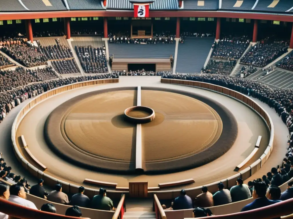 Dos luchadores de sumo en un estadio tradicional mientras espectadores observan con intensidad