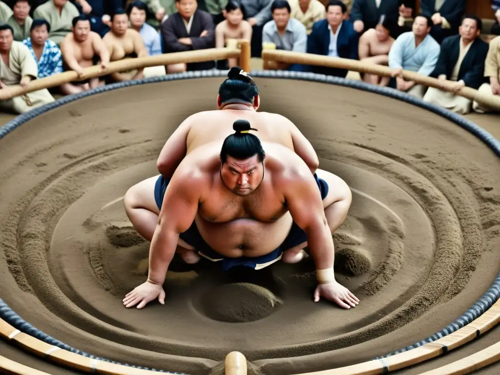 Dos luchadores de sumo en intensa batalla en un dohyo japonés, rodeados de una multitud vestida con atuendos tradicionales