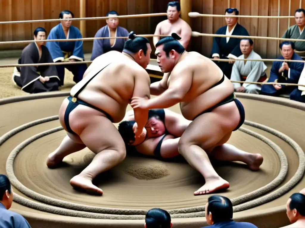 Dos luchadores de sumo en un intenso combate durante la era Edo, capturando la esencia de la transformación del ritual del Sumo Shinto