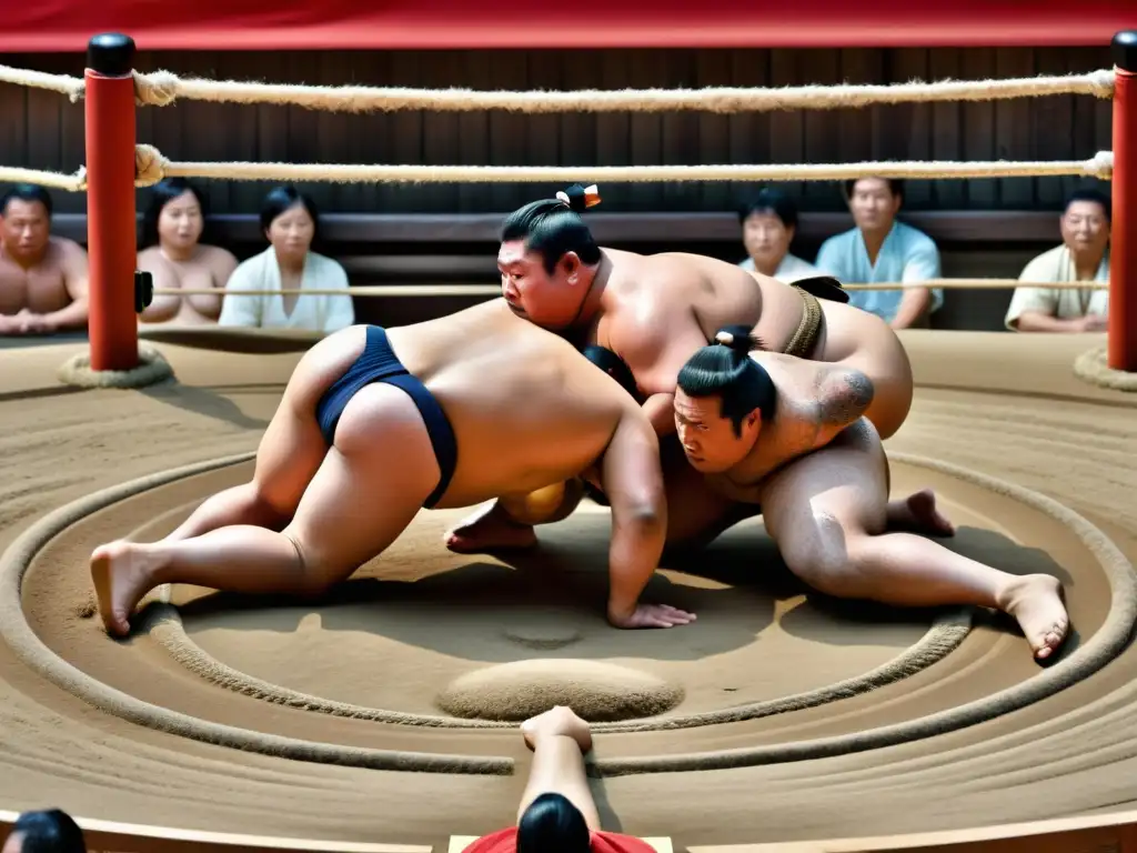 Dos luchadores de sumo en pleno combate en un antiguo recinto japonés, capturando la transformación del Sumo Ritual Shinto en un deporte nacional