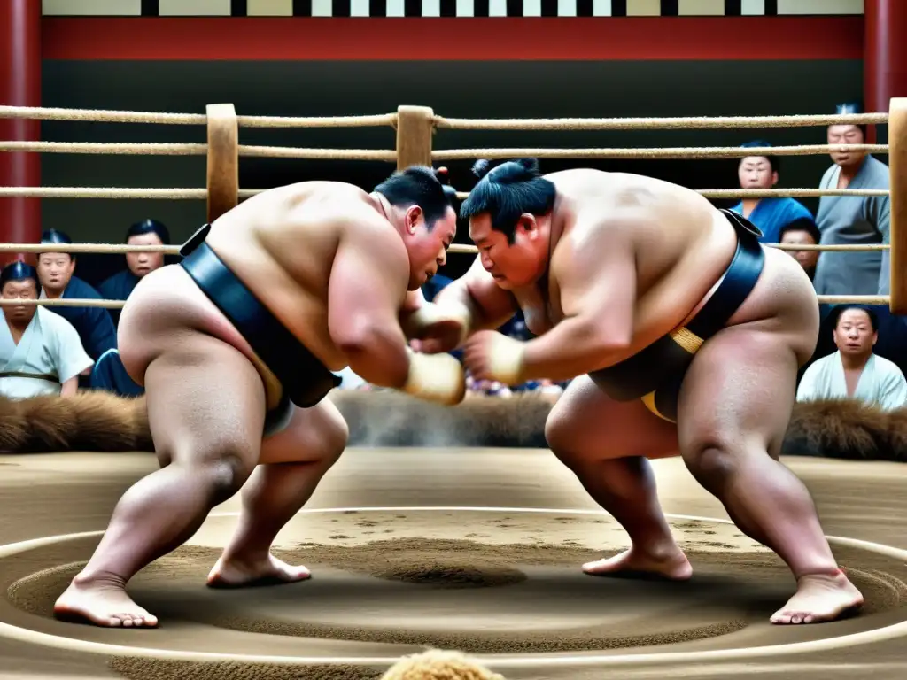 Dos luchadores de sumo en pleno combate, mostrando la intensidad y la determinación de la lucha sumo en la cultura pop