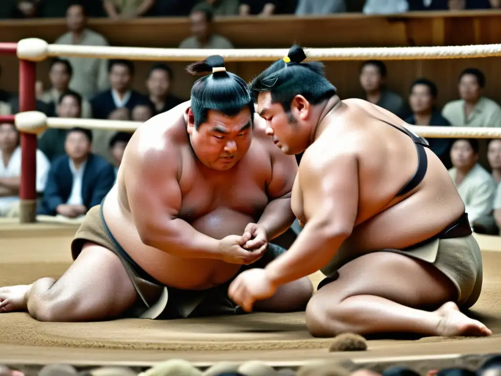 Dos luchadores de sumo en pleno enfrentamiento en el dohyo, rodeados de una audiencia atenta