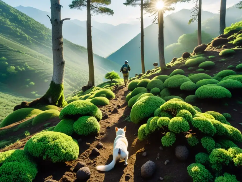 Expedición de lujo en bosque asiático: cazadores de trufas y perros en la niebla