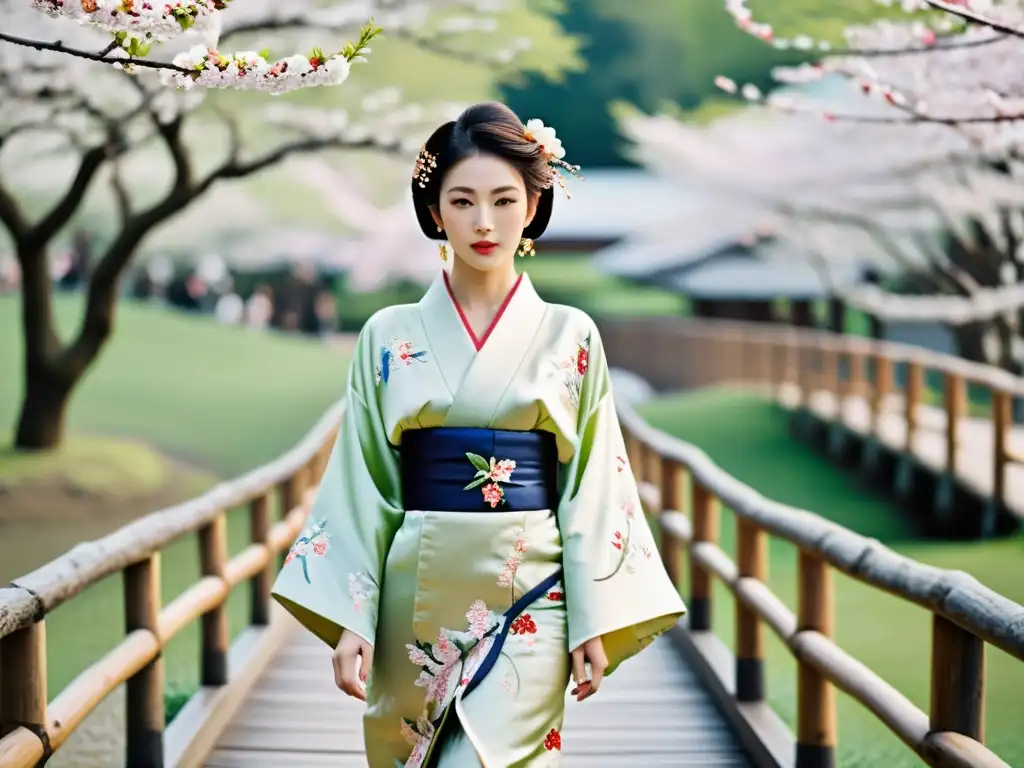 Evolución moda lujo japonesa: Desfile de kimonos de seda con motivos de flores de cerezo en un jardín sereno