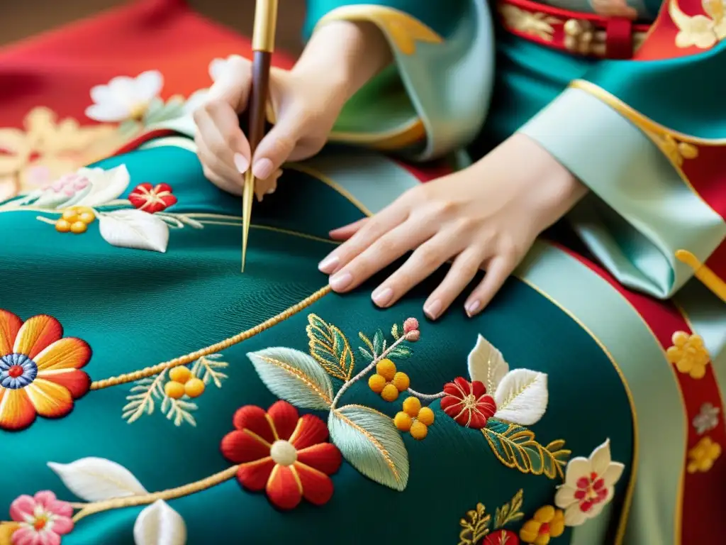 Evolución moda lujo japonesa: Detalle del bordado meticuloso de un kimono tradicional japonés, resaltando la artesanía y la belleza atemporal