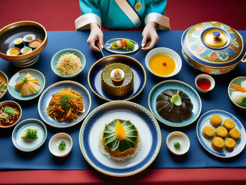 Una lujosa y detallada representación de la cocina de la corte coreana, con platos coloridos y una atmósfera ceremonial