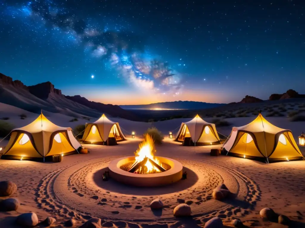 Una lujosa noche en un campamento en el desierto del Medio Oriente, con candelabros y estrellas brillantes