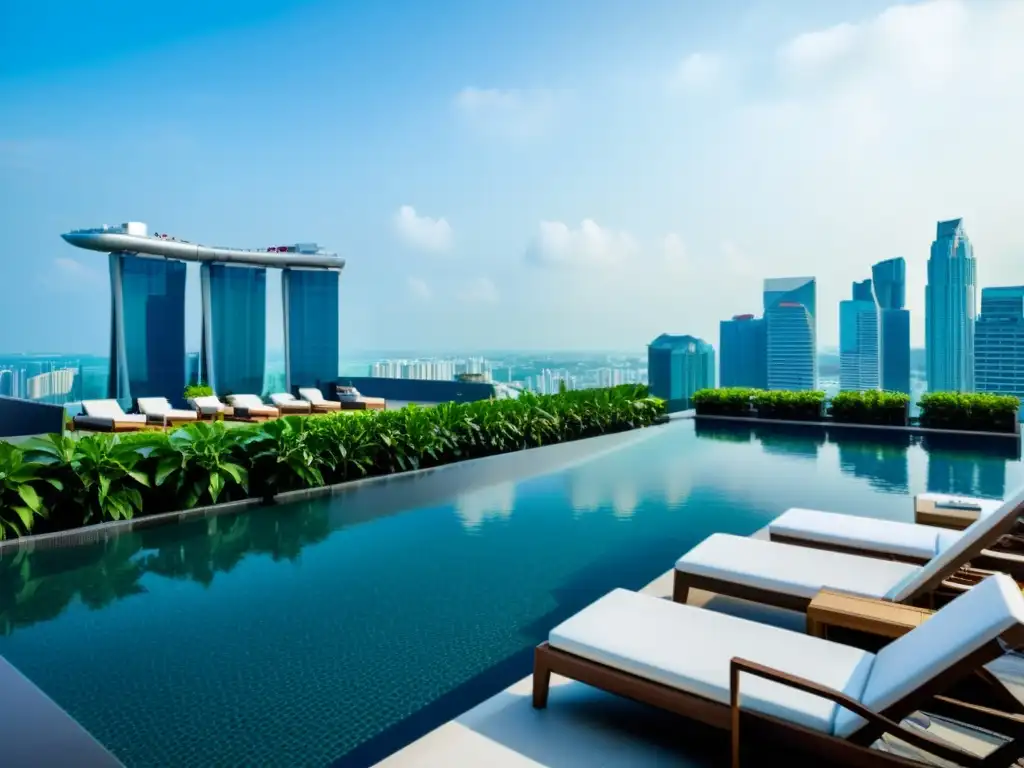 Una lujosa piscina en la azotea del Andaz Singapore, con diseño moderno, vegetación exuberante y vistas panorámicas de la ciudad