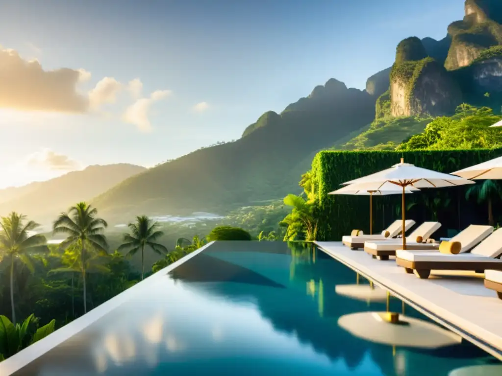 Una lujosa piscina infinita con vista a un exuberante paisaje tropical, rodeada de elegantes tumbonas y sombrillas