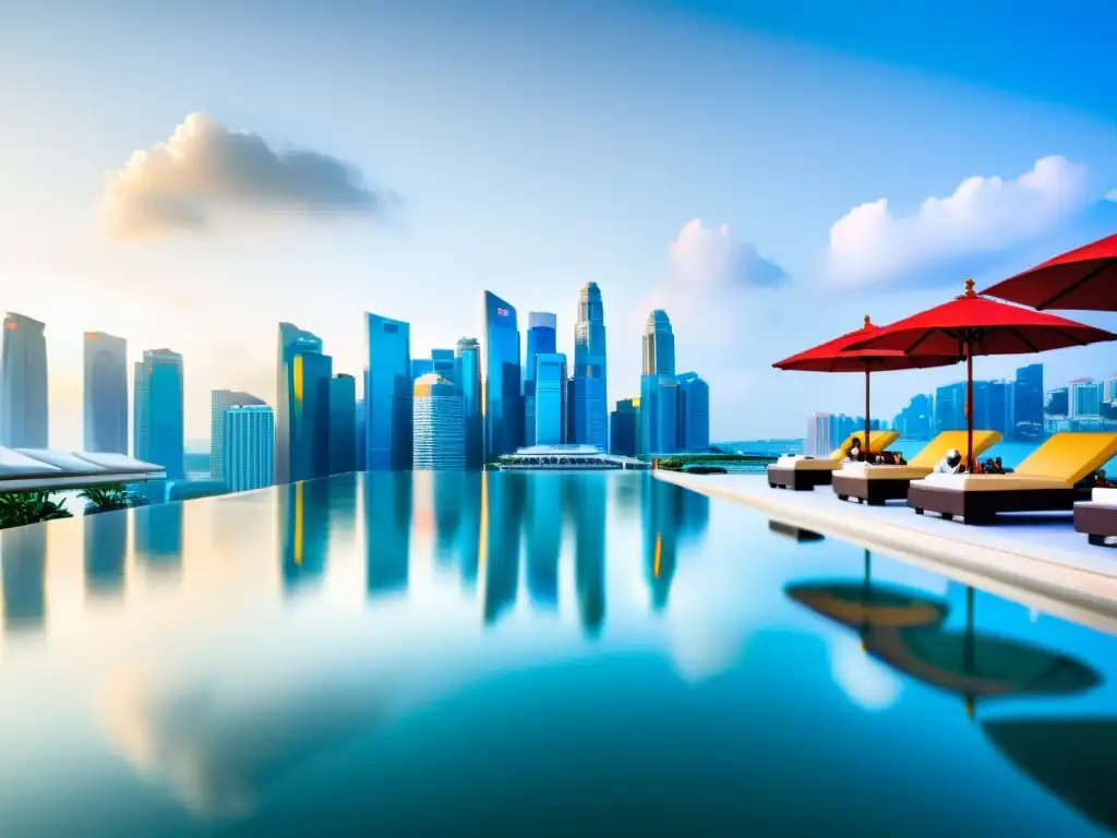 Una lujosa piscina infinita con vistas al skyline de Singapur desde el Fullerton Bay Hotel