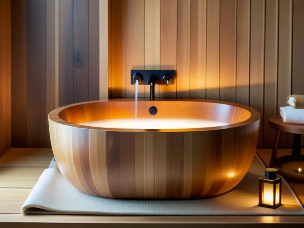 Un lujoso baño japonés de madera con geles de baño japoneses transformación ducha, vapor y una atmósfera relajante y sofisticada