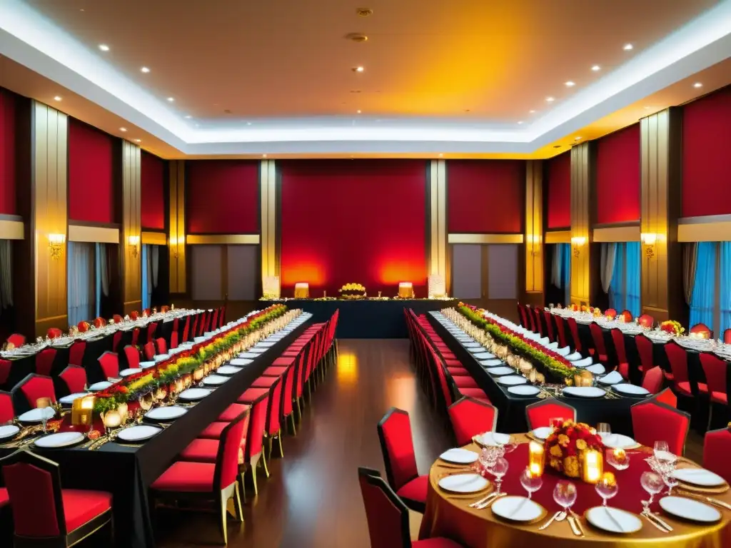 Un lujoso banquete imperial asiático en un salón elegantemente decorado con rojo y oro