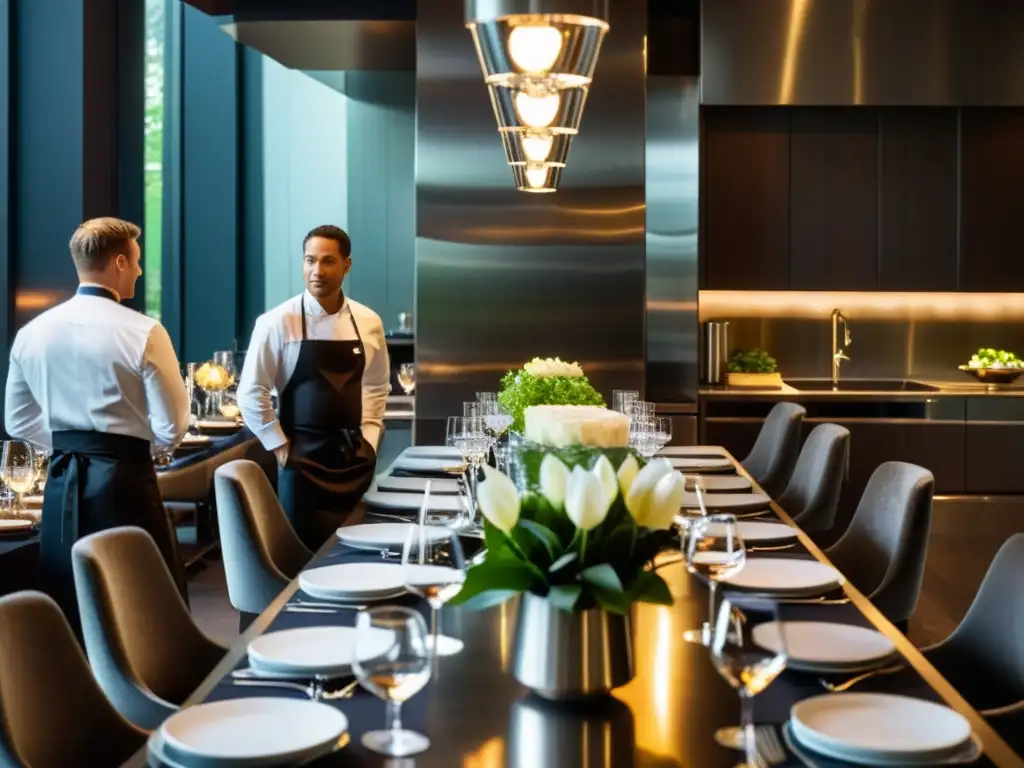 Exclusivo comedor con chefs y decoración moderna Un lujoso comedor con decoración moderna y elegante, con chefs trabajando en una cocina abierta