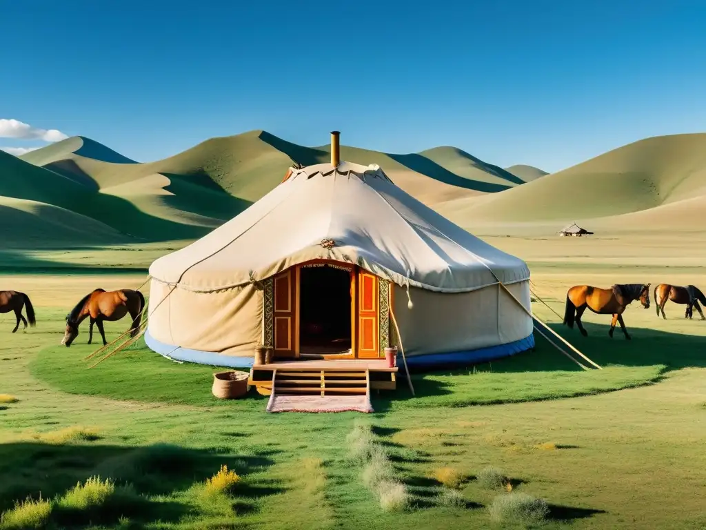 Un lujoso glamping de yurtas en la estepa mongola con detalles tradicionales y un pastor cuidando caballos