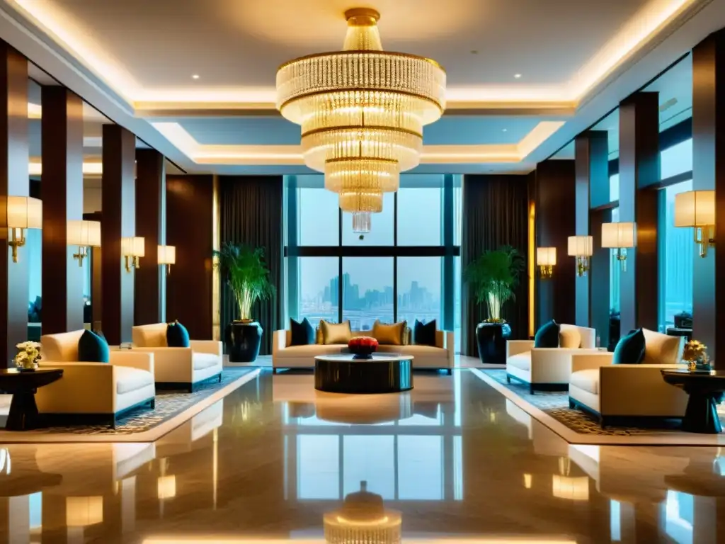 El lujoso lobby del NUO Hotel Beijing, con detalles arquitectónicos inspirados en la dinastía Ming y modernos muebles