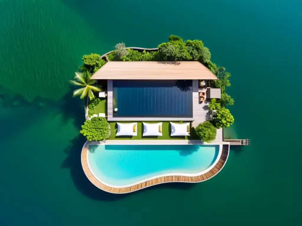 Un lujoso resort asiático ecológico en armonía con la naturaleza, con paneles solares, jardines orgánicos y una piscina infinita