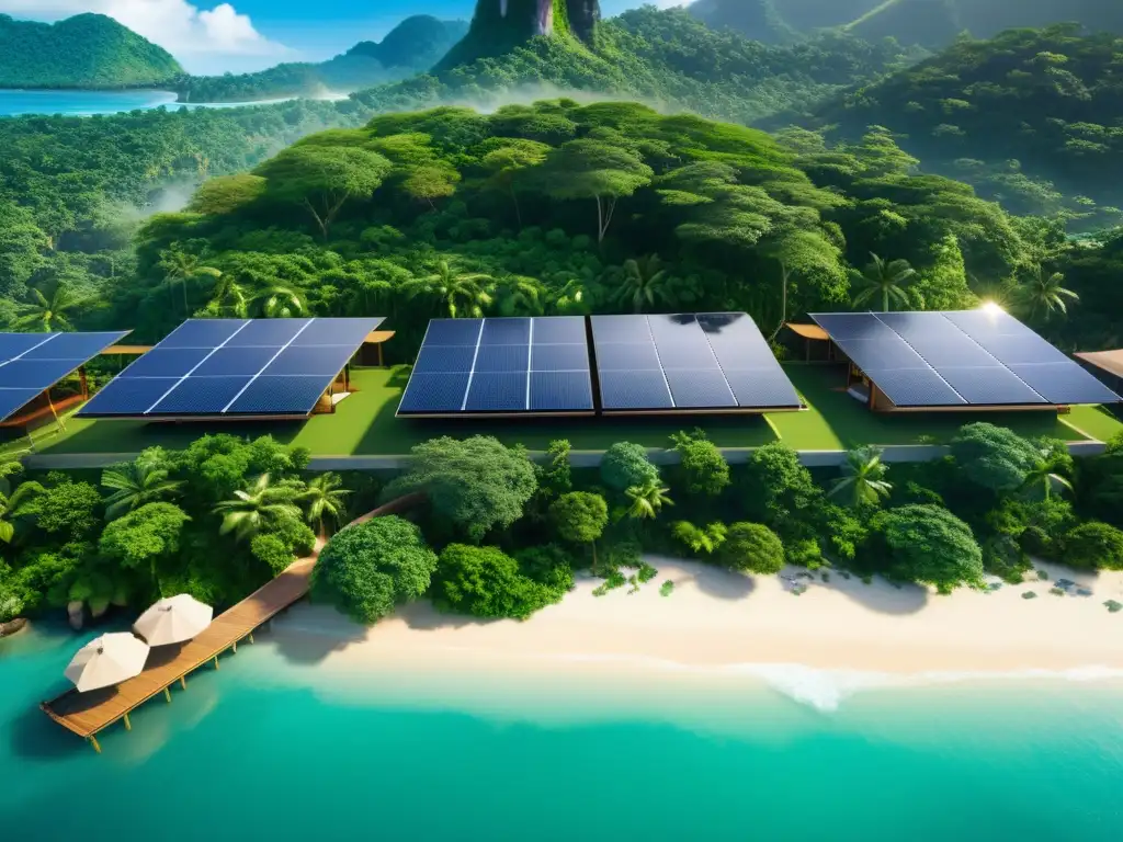 Un lujoso resort asiático ecológico integrado en la exuberante selva, con arquitectura sostenible y amenidades ecofriendly