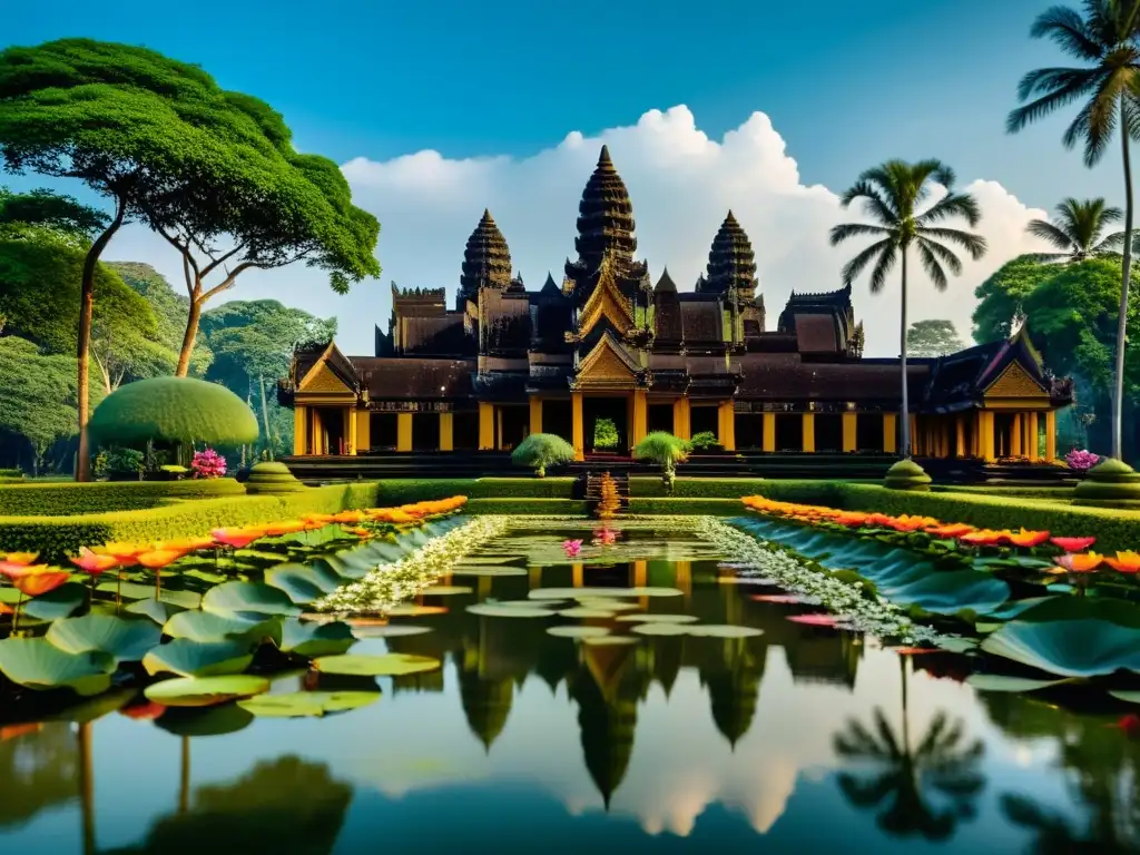 Un lujoso retiro en Camboya Imperial: arquitectura Khmer, jardines exuberantes y montañas neblinosas al fondo