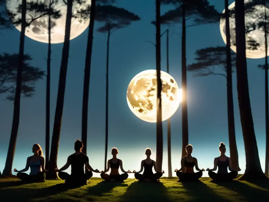 Práctica de yoga en la luz de la luna, entre árboles y sombras, conectando con la influencia de las fases lunares en yoga