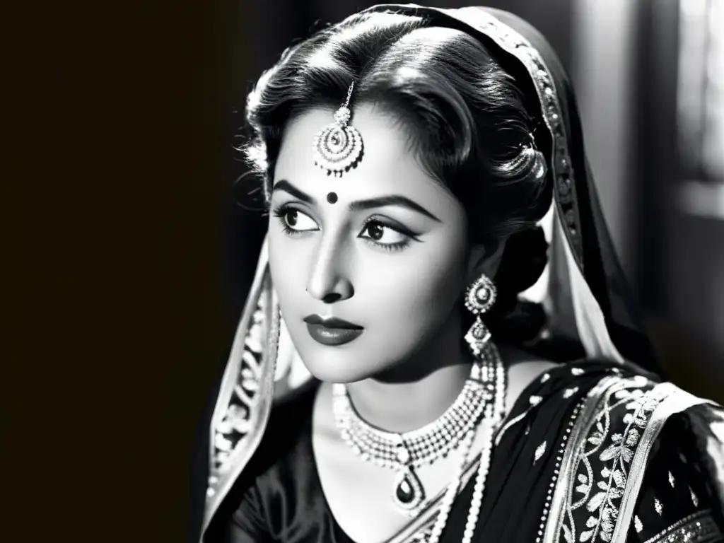 Madhubala, estrella de cine India moderna, en un momento íntimo durante el rodaje de una película clásica de Bollywood, exudando elegancia atemporal