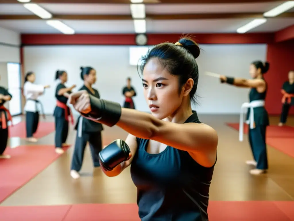 Empoderamiento femenino en un estudio de artes marciales Maestra de artes marciales asiáticas empodera a mujeres en clase de autodefensa, fusionando tradición y modernidad
