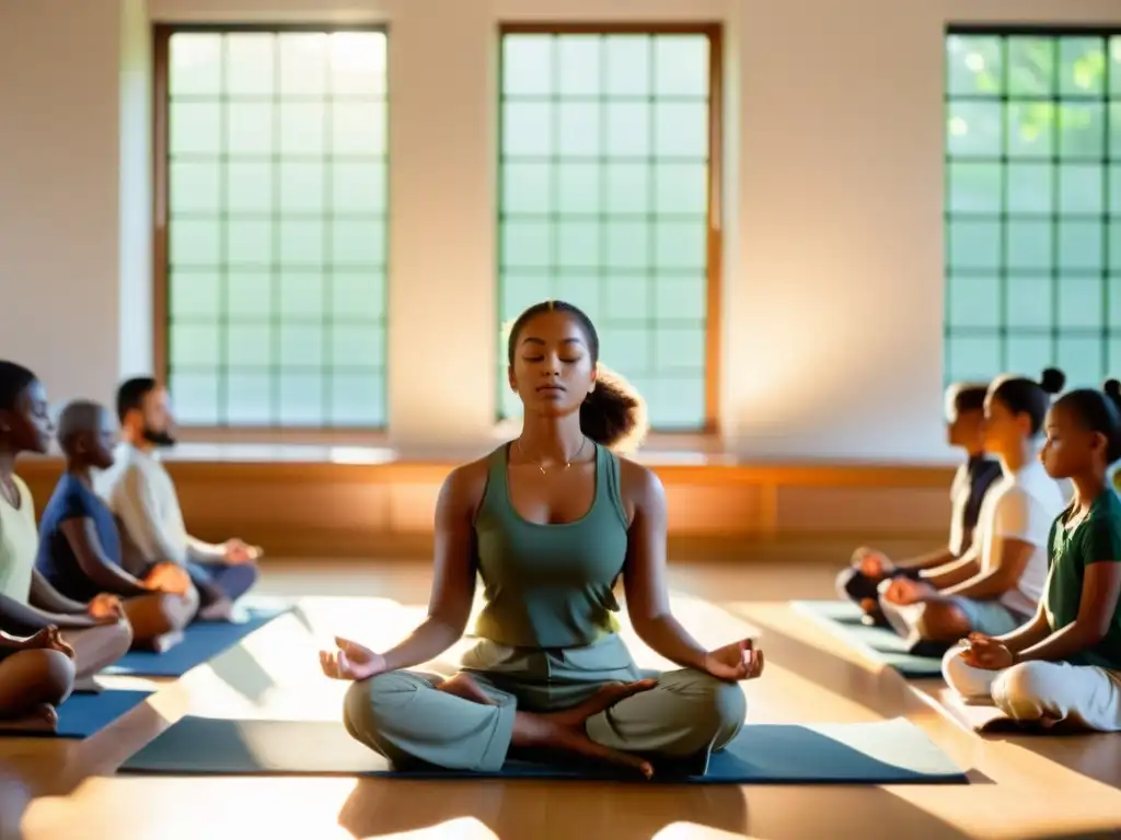 Maestra lidera meditación con estudiantes diversos en aula soleada